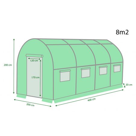 Serre de Jardin Tunnel 8m² - bache armée - avec fenêtres latérales et porte zipée Surface