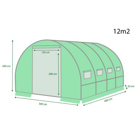 Serre de Jardin Tunnel 12m² - bache armée - avec fenêtres latérales et porte zipée Surface