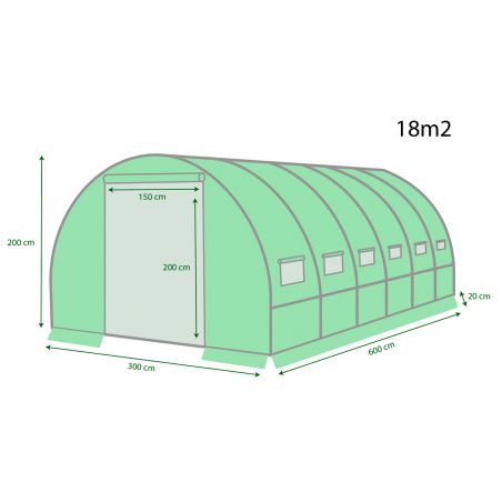 Serre de Jardin Tunnel 18m² - bache armée - avec fenêtres latérales et porte zipée Surface