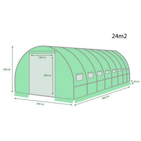 Serre de Jardin Tunnel 24m² - bache armée - avec fenêtres latérales et porte zipée Surface